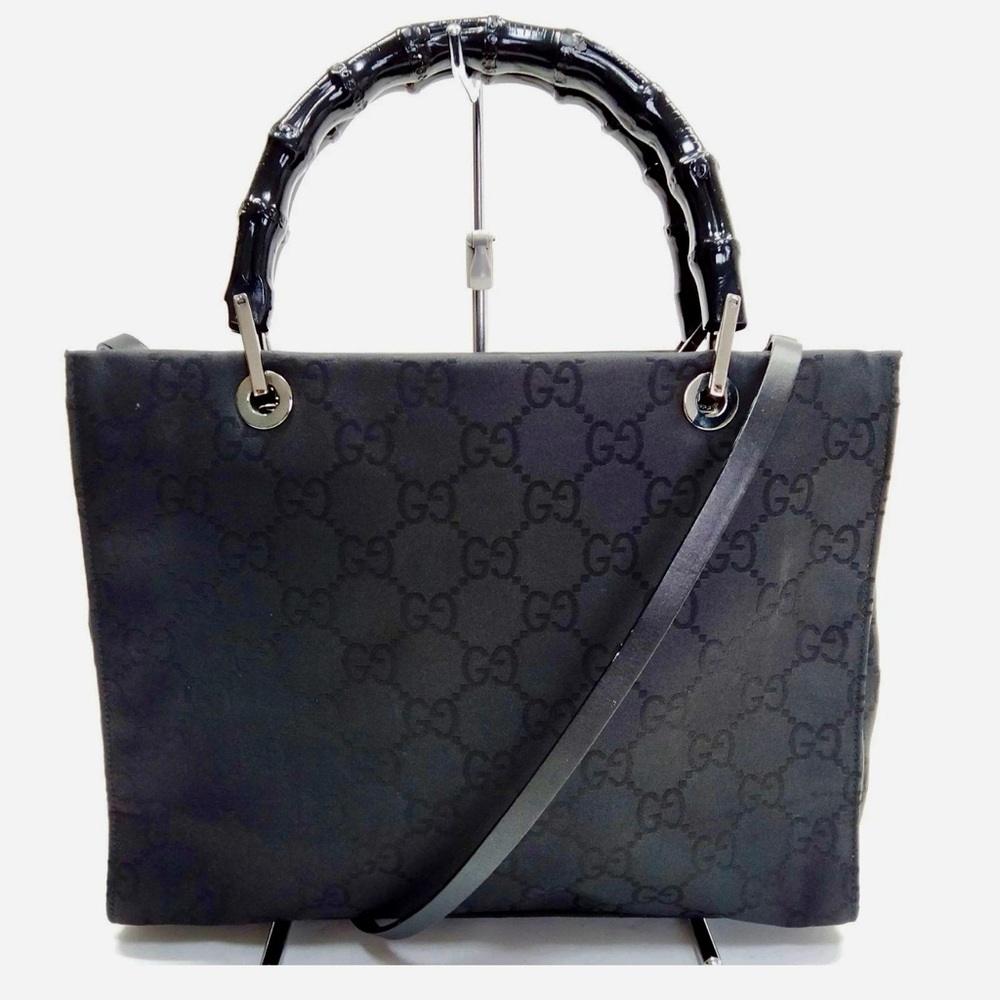 Gucci Black GG Canvas Tote with Bamboo Handles